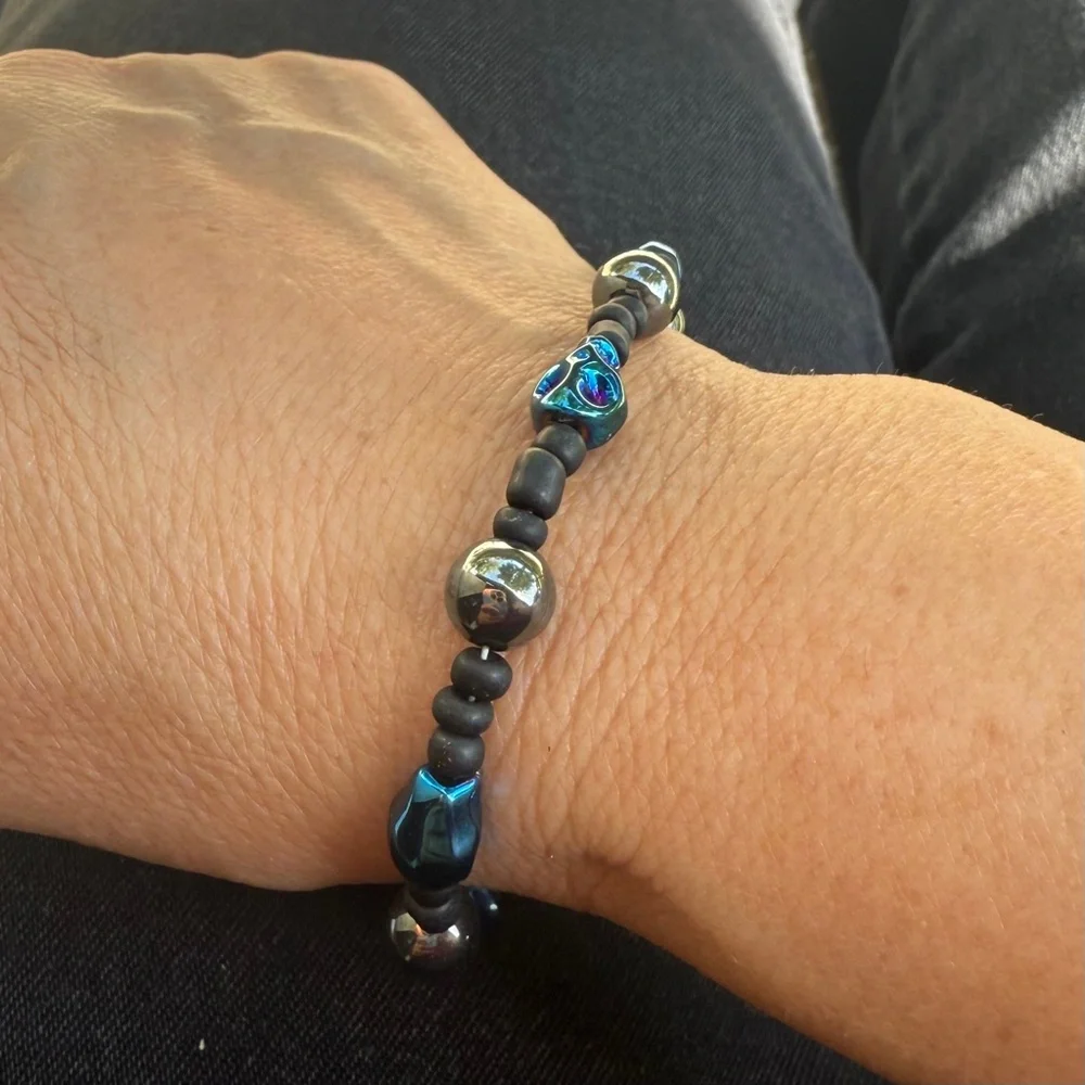 Hand Crafted Men's Blue Skull & Black Beads Bracelet